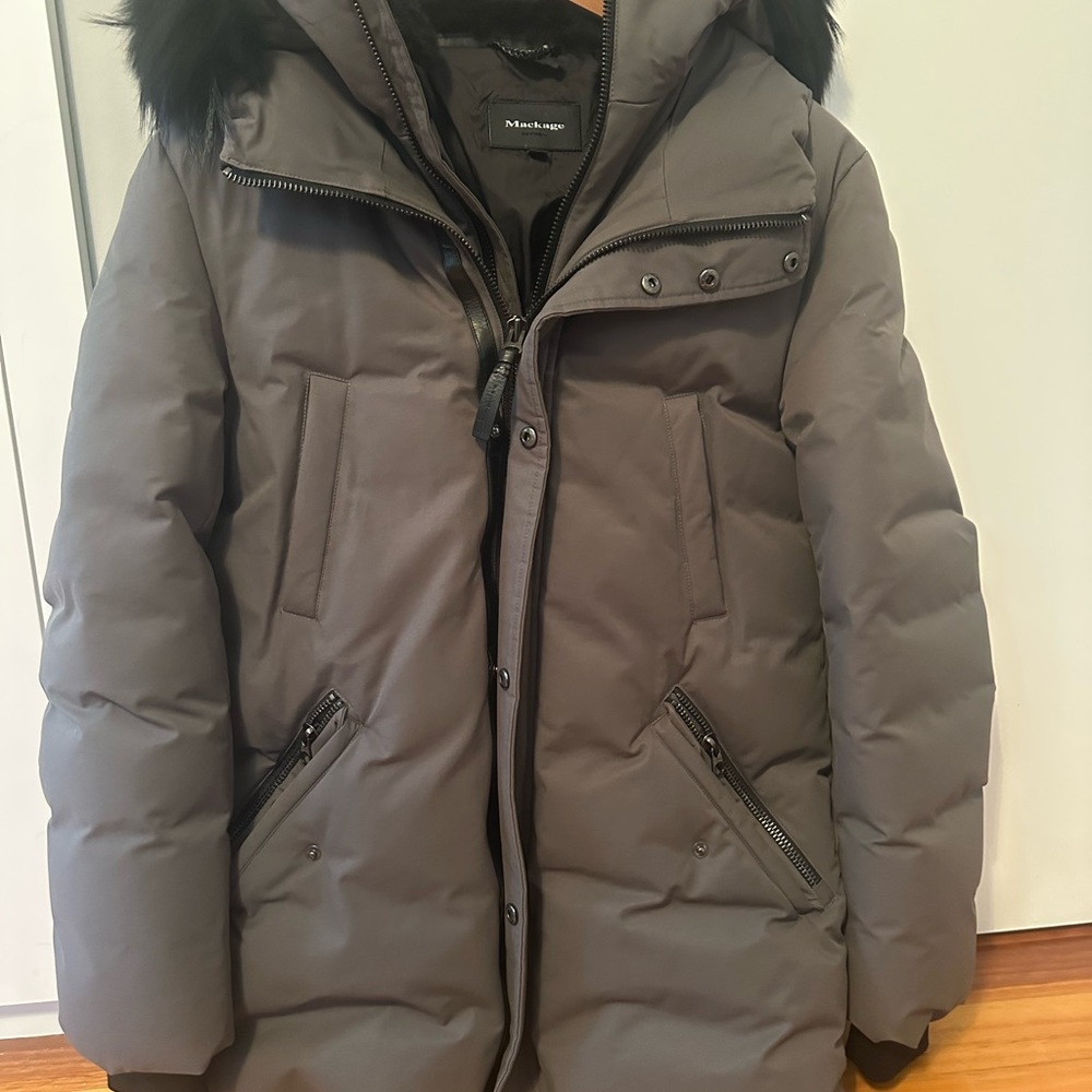 Mackage Grey Edward  Parker with Black Fur Trim size 38